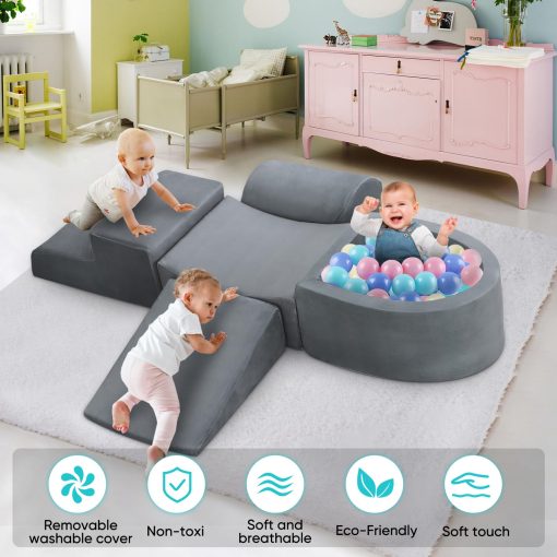 Juguetes de Escalada Suave para Ninos Pequenos Olasme, 5 Piezas de Bloques de Espuma y Piscina de Bolas para Ninos Pequenos, Bebes, Juego de Gimnasio Interior de Espuma (Gris) - Imagen 7