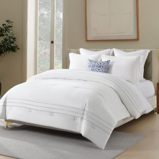 Juego de Edredones de Algodon de Fibra Larga SahSahCasa para Cama Queen, Edredon Esponjoso, Juego de Ropa de Cama de Algodon 100% para Cama Queen, Edredon Acolchado Ligero con Bordado a Rayas, 90" x 90", 3 piezas, Blanco