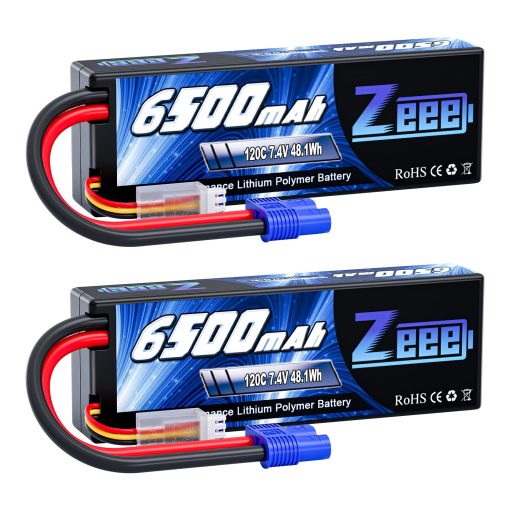 Bateria Lipo Zeee 2S 6500mAh 120C 7.4V con Estuche Rigido y Conector EC3 para Vehiculos RC Coche Camion Truggy Modelos de Carreras a Escala 1/10 (Paquete de 2)