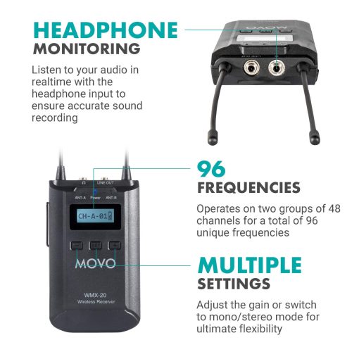 Sistema de Microfono Inalambrico Movo WMX20RX-TH - Microfono Inalambrico Profesional y Receptor con 48 Canales de Frecuencia UHF - Audio para Camara, Vocal, Presentaciones en Vivo, Entrevistas, Video, Iglesia - Imagen 3
