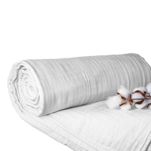 Manta de Muselina 100% Algodon Organico Sleep & Beyond - Suave y Transpirable de 4 Capas Doble Gasa - Reversible - Certificada GOTS Oeko Tex - Sueño Confortable para Todas las Estaciones - Tamaño Twin - Blanco Puro