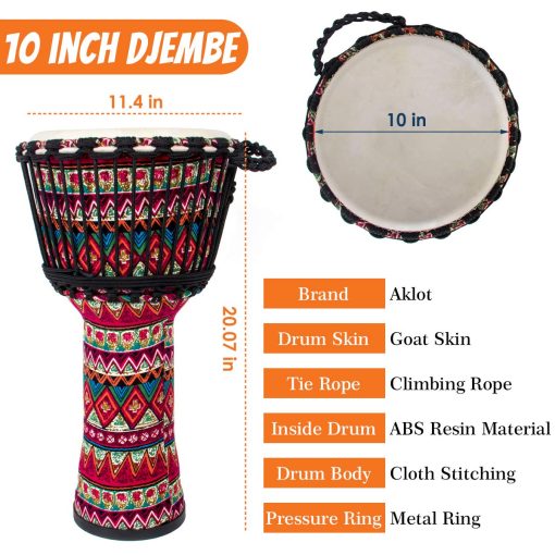 Djembe Drum, AKLOT Tambor Africano Cubierto de Tela de Cabra con Parche de Tambor de 10'' x 20'' Resina ABS Ligero para Principiantes (Rojo Floral) - Imagen 5