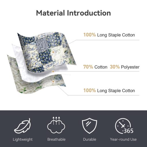 Colcha de Retazos de Algodon Genuino NIUDeCOR HOME Tamano Queen Reversible Azul a Cuadros Floral Juegos de Cama de Colchas de 3 Piezas - Imagen 4