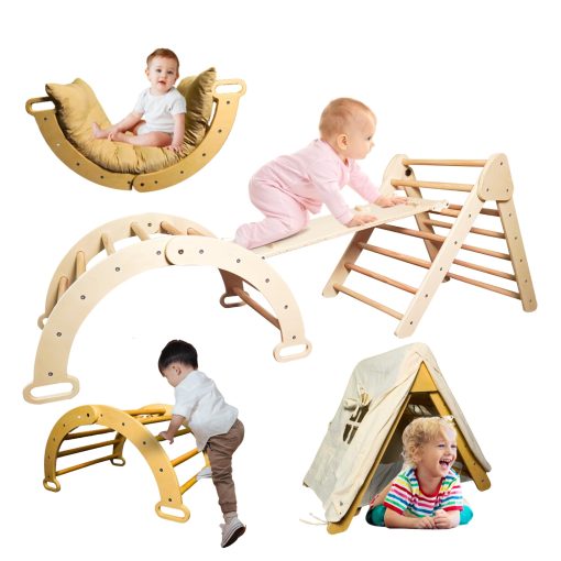 Set de Triangulo Pikler con Cojin, Arco y Tobogan 7 en 1 - Gimnasio de Escalada de Madera para Ninos, Gimnasio de Juego Interior Montessori, Triangulo de Escalada, Gimnasio de Interior para Ninos | Set de Escalada Pikler Montessori