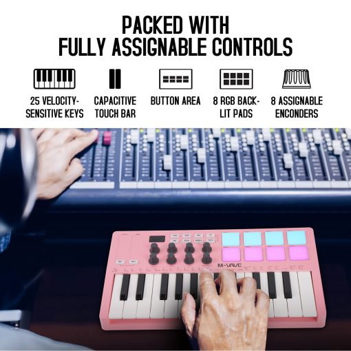 Controlador de Teclado MIDI USB de 25 Teclas M-WAVE con 8 Pads de Tambor Retroiluminados, Bluetooth, Teclado Profesional semipesado de 8 perillas y Produccion Musical, Software Incluido (Rosa) - Imagen 3