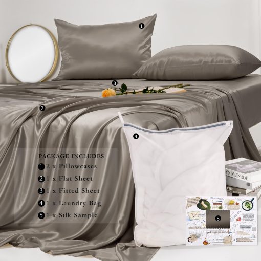 Juego de sabanas de seda de morera de lujo Promeed de 30 Momme, tamano Queen, Set de sabanas de seda real Grado 6A+ 100% con sabana plana, sabana ajustable y fundas de almohada (Gris, Queen) - Imagen 6