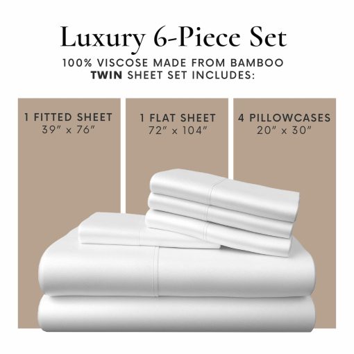 Juego de sabanas Bamboo Bay de 6 piezas para cama Twin - Sabanas de Bambu para cama individual - Sabanas ultra suaves y frescas para los que duermen caliente - Juego de sabanas transpirables para cama Twin que se ajustan hasta 16" - Blanco - Imagen 5