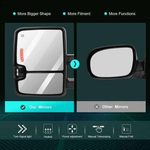 Espejos de Remolque SCITOO para Chevy y GMC con Luces de Charco Negras Espejos retrovisores traseros para Silverado / Sierra 2007-2013 (07 Senal de Giro Control de Potencia Calefaccionados) - Imagen 2