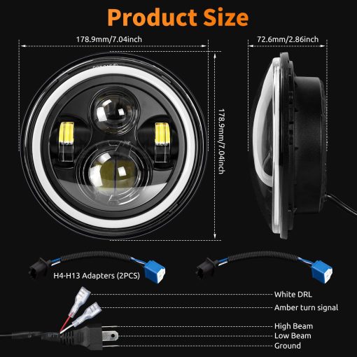Faros Delanteros LED de 7 Pulgadas HILLSKING Compatible con Jeep Wrangler JK/TJ/LJ/CJ, Luces Delanteras LED con Halo Aprobadas por la DOT, Luz Alta/Baja con Senal de Giro Ambar, con Adaptador H4 H13, Juego de 2 - Imagen 6