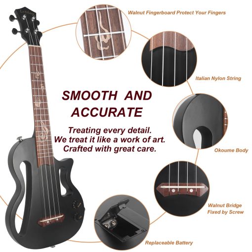 Ukulele Silencioso, Lotkey 26 Pulgadas Cuerpo de Okume Electrico Ukulele para Practica o Presentaciones con Salida de AMP Cuerdas de Nylon Italiano con Afinador Correa y Accesorios Completos (Negro) - Imagen 2