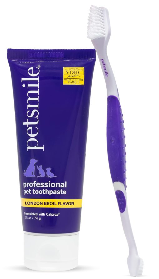 Kit de Cepillado Profesional para Mascotas Petsmile - Cepillo y Pasta Dental para Gatos y Perros - Control de Placa, Sarro y Mal aliento - Pasta Dental Aceptada por VOHC - Suministros para la Limpieza de Dientes (London Broil, 2.5 Oz)