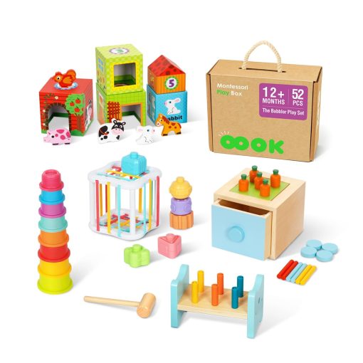 Juguetes Montessori para Bebes de 1 Ano, Kit Educativo de Aprendizaje 7 en 1 con Cubo Sensorial, Caja Apilable, Caja Educativa 3 en 1, Banco de Golpear y Vasos Apilables para Bebes