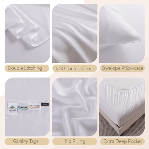 Juego de sabanas Split-King de Lyocell de Eucalipto, Hipoalergenico 100% Organico Tencel, Regulacion Termica y Absorcion de Humedad para Personas que Duermen Calientes, Calidad Superior de Hilos, Bolsillos Extra Profundos - Blanco - Imagen 5