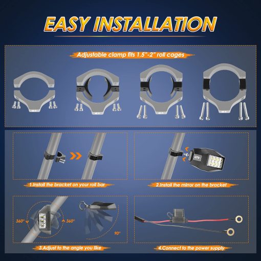 Espejos laterales para UTV Roador con luz, espejo retrovisor iluminado con luz LED para barra de 1,5"-2" RZR con luz de inundacion clara para Polaris Can Am XP 1000 Maverick X3 Yamaha SXS - Imagen 5
