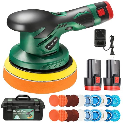 Pulidora de Coche Inalambrica, Kit de Pulido de Coche Portatil con 2 Baterias Recargables de 2600mAh, 20 Accesorios Extras con Caja de Herramientas Impermeable, 6 Velocidades Variables para Detallado de Coches