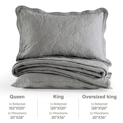 Colcha de Cama King Extra Grande 120"x120" - 100% Algodon Colcha Acolchada King/Cal King con Bordado de Vides, Juego de Colcha Gris Solido, Suave y Ligera Colcha Extra Grande con 2 Fundas de Almohada - Imagen 6