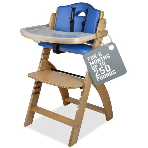Silla Alta de Madera Convertible Abiie Beyond Junior para Bebes y Ninos Pequenos. Silla Alta Ajustable 3 en 1 con Bandeja Extraible, Facil de Limpiar, Portatil. De 6 Meses a 250 Lb. Madera Natural/Cojin Azul