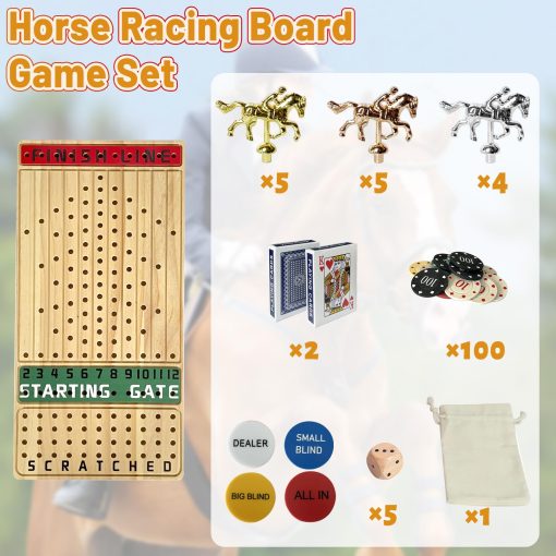 Juego de Mesa de Carreras de Caballos 3 en 1 y Juegos de Casino Texas Holdem Blackjack con 14 Caballos de Metal, 100 Fichas, 2 Barajas de Cartas, Botones de Dealer y Ciega, y 5 Dados para Fiestas y Apuestas - Imagen 2