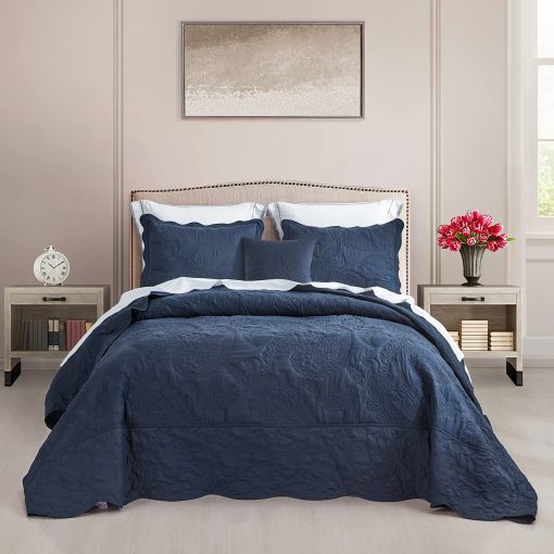 Colcha de cama extra grande HZ & HY 128x120, Edredon acolchado, Juego de ropa de cama, Ligero, Reversible, de Lujo, 5 Piezas, 100% Microfibra, King/Cal King, Azul Marino