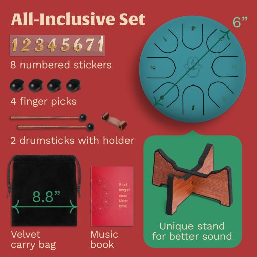 ZERBEAT Steel Tongue Drum 6 Pulgadas, 8 Notas Tambor de Acero + Soporte unico, Baquetas, Puas de Dedo, Bolsa, Amigable para Principiantes y Adultos | Instrumentos Musicales Espirituales. (Azul Lago - con soporte) - Imagen 7