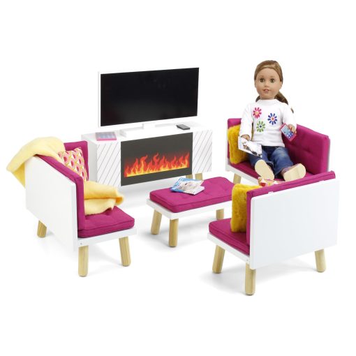 Emily Rose Nuevo Sofa Cama Seccional/Sala de Estar de Madera Rosa de 18" para Munecas con Unidad de Entretenimiento con TV, Chimenea Falsa, Bins de Almacenamiento y Revistas | Set de Muebles para Munecas de 14"-19"