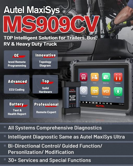 Autel MaxiSYS MS909CV, Escaner de Diagnostico Inteligente para Semirremolque y Camiones Pesados 2024, Topologia 2.0, Actualizacion del MS908CV II, Reprogramacion y Codificacion de ECU J2534, Bidireccional, 48+ Restablecimientos - Imagen 2