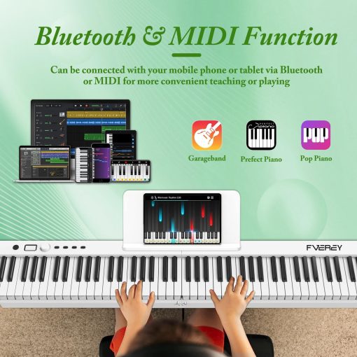 Teclado de Piano Plegable de 88 Teclas FVEREY, Teclado Semipesado de Tamaño Completo, Piano Portatil de Viaje, Soporte MIDI Bluetooth Piano Electrico para Principiantes Adultos, Blanco - Imagen 5
