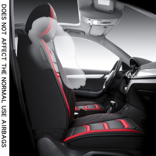 Juego de cubiertas de asiento para automovil JielinKar de 5 asientos, tipo universal, apto para la mayoria de los autos, SUVs, camionetas con airbags, compatible con cojin de asiento de automovil de cuero sintetico (Negro-Rojo) - Imagen 6