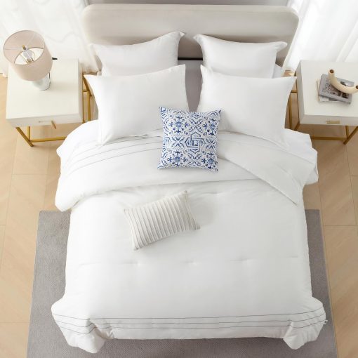 DDUOXIN Juego de Edredon de Lujo de Algodon Queen - Juego de Ropa de Cama con Edredones Queen Estilo Bordado, Juego de Cama Gris Azulado de Algodon de Fibra Larga con Edredon Queen y 2 Fundas de Almohada - Imagen 4