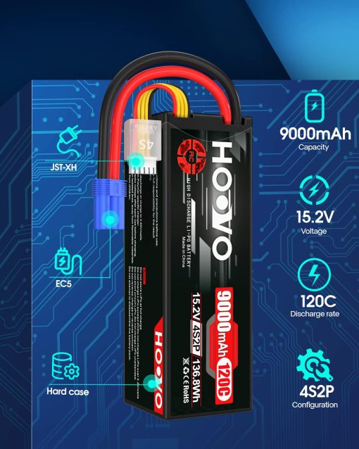 Bateria Lipo HOOVO 4S 15.2V 9000mAh 120C Bateria RC Alta Tension Estuche Duro Conector EC5 Compatible con Autos RC Barcos Camiones Buggies Drones Vehiculos RC Paquete de 2 - Imagen 2