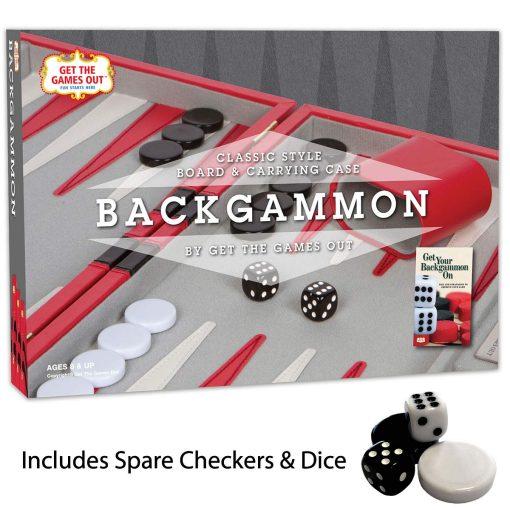 Juego de Backgammon de Get The Games Out - Estuche clasico de juego de mesa - Mejor guia de estrategia y consejos - Disponible en tamanos pequeno, mediano y grande (Rojo, Mediano) - Imagen 8