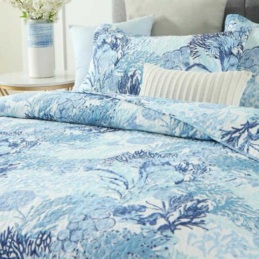 Juego de Colchas de Algodon de Ensueño Otoñal con Diseño Costero Reversible, Cobertores de Ropa de Cama, Edredones, Cama de Cuento de Hadas, Azul Oceano, Tamaño King - Imagen 4