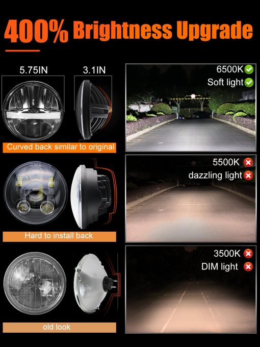 Faros LED redondos de 5 3/4 pulgadas con reflector Hi/Lo y DRL sellado Beam H5001 H5006 compatibles con Peterbilt 349 359, Chevy Impala 59-76, Dodge - Paquete de 4 unidades - Imagen 2