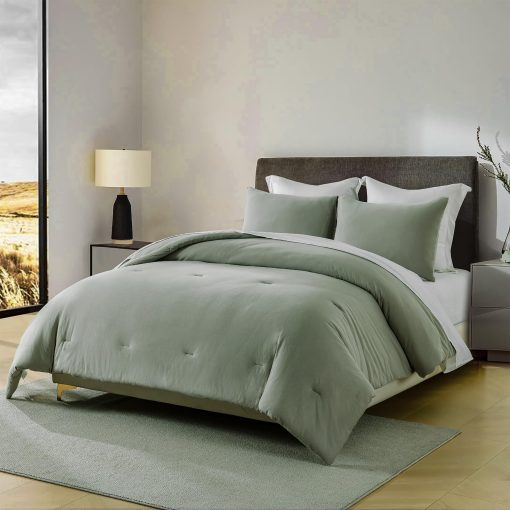 Juego de Edredon King Size de Algodon de Fibra Larga SahSahCasa - Edredon Esponjoso, Juego de Ropa de Cama de Algodon 100% para Cama King, Edredon Transpirable Solido, Alternativa de Plumon, 104" x 90", 3 pzas, Verde Grisaceo