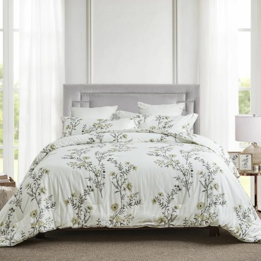 Juego de edredon tamano King PANGUSHAN, juego de ropa de cama de felpa floral de algodon para cama King, todas las estaciones, 3 piezas, blanco - Imagen 2
