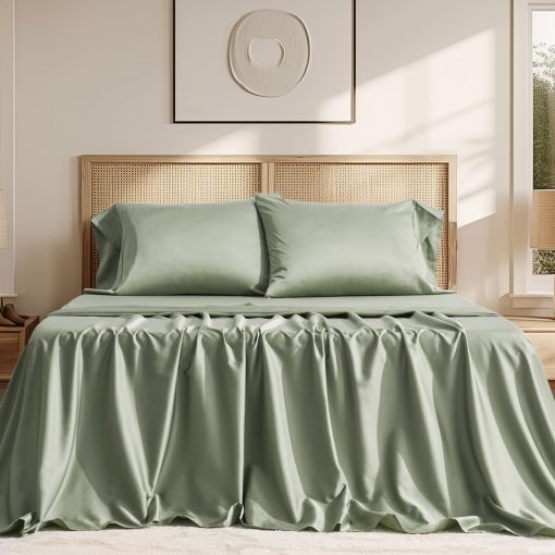 Juego de sabanas de algodon Tencel King Size de 4 piezas EVERGRACE, suaves y frescas, sabanas de lujo de lyocell de eucalipto organico con bolsillo profundo, 1 sabana bajera, 1 sabana plana, 2 fundas de almohada, color verde salvia