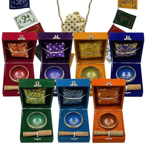 Set de Cuencos Tibetanos Chakra con Cojin Maza Cuentas de Tulsi Bandera Tibetana de Oracion Para Meditacion Atencion Plena - Estilo 2 Tamaño Pequeño