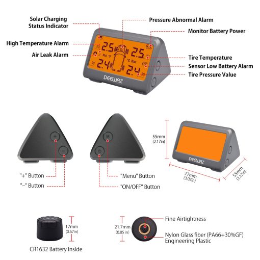 Sistema de Monitoreo de Presion de Neumaticos para RV DEEWAZ, Sistema de Monitoreo de Presion de Neumaticos con Energia Solar, TPMS con 4 Sensores Externos, 0-116 PSI para Automovil RV SUV MPV Pickup Sedan Todo Terreno (Pantalla LCD Naranja) - Imagen 9