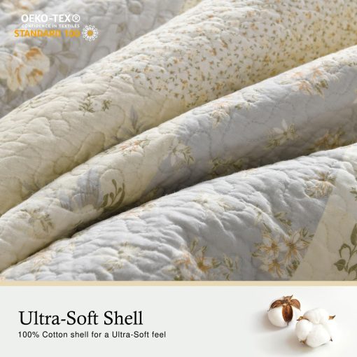Colcha QuiltMuse Tamano King Extremadamente Grande 120"x120" - Cubrecama King de Algodon 100% Ligero con 2 Fundas de Almohada, Colcha Extra Grande Reversible con Estampado Floral para King/Cal King, Beige - Imagen 3