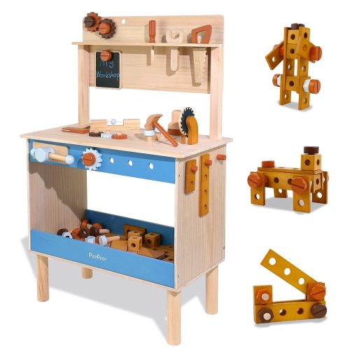 Banco de herramientas para niños PairPear, Juguetes de madera Banco de trabajo infantil con martillo de juguete y herramientas de construccion, Set de juguete para niños con accesorios de herramientas, regalo para niños - Imagen 7