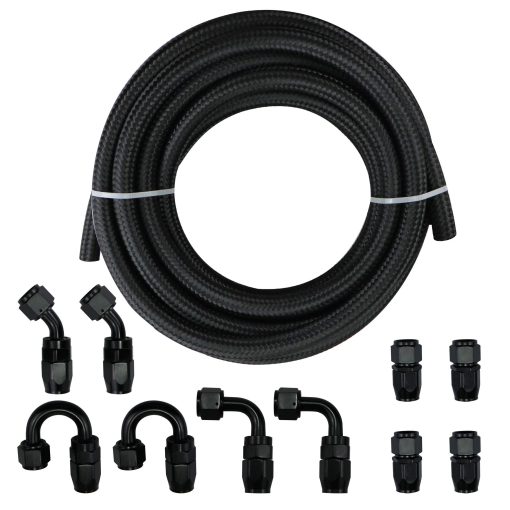 Kit de linea de combustible BOWERKAR 10AN 20FT con trenzado de acero inoxidable de nylon negro 5/8" Manguera de fuel oil CPE- 14.27mm ID (AN10)