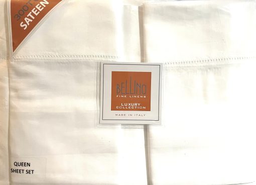 Juego de sabanas de lujo Bellino Italy Collection - Blanco solido - 4 piezas de suave tejido sedoso 100% algodon - calidad de hotel - saten 300 hilos (Hemstitch, Queen)