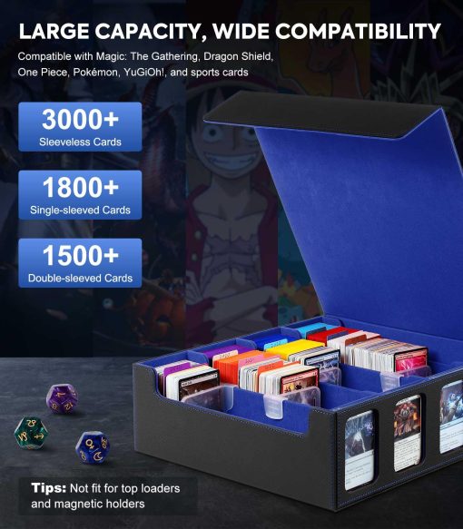 Caja de Almacenamiento de Cartas MoKo para Trading Cards, 3000+ MTG Deck Box con 24 Separadores Coloridos & 4 Soportes de Cartas, Estuche de Baraja Commander con Ventana de Exhibicion, Compatible con Cartas de Juego Magic, YugiOh, Negro Azul - Imagen 3