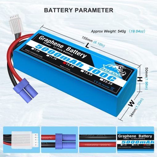 Bateria de Polimero de Litio Yowoo Graphene 14.8V 5000mAh 100C 4S con Conector EC5 Compatible con Coches RC Buggy Truggy Crawler Monster Quadcopter Avion Barco Camion Hobby RC - Imagen 4