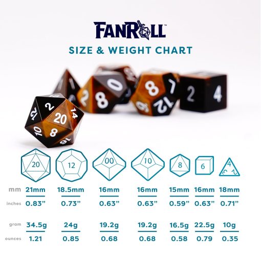 Set de Dados FanRoll de Metallic Dice Games 16mm Piedra: Grabado Ojo de Tigre, Dados de Rol para Dungeons and Dragons - Imagen 6