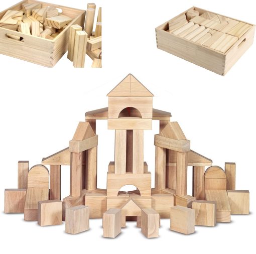 Conjunto Estandar de Bloques de Construccion para Ninos Pequenos con Bandeja de Almacenamiento (64 Pzs) Bloques de Madera Lijada para Ninos, Aprendizaje Original STEAM y STEM, Juguetes de Madera Clasicos para Fiestas Infantiles y Aulas