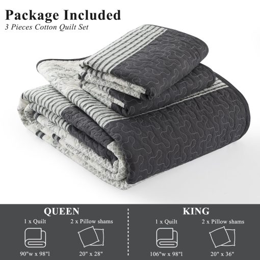 Edredon a rayas tamano Queen de SOElinens - Juego de edredon de algodon 100% con fundas a juego, Diseno de Vid de epoca Rustico para Ropa de Cama de Granja, 3 Piezas Colcha Ligera para Decoracion del Hogar en Todas las Estaciones, Gris Oscuro - Imagen 7