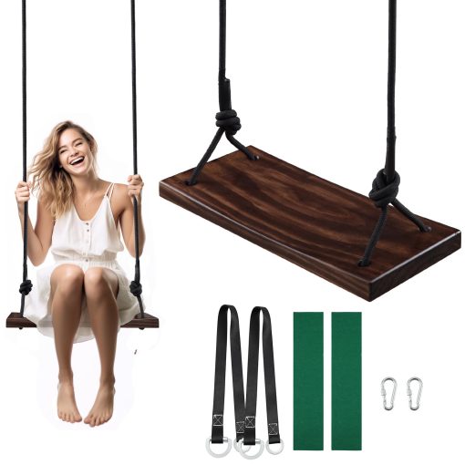 Columpio de Madera, Asiento de Columpio para arbol, PELLOR Asiento de Columpio Colgante Carbonizado para Adultos, Ninos y Ninas con Cuerda Ajustable mas Correas para arboles, 200kg de Carga para Interior, Exterior, Jardin - Imagen 7