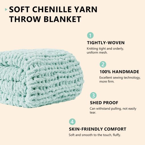Manta de Punto Grueso L'AGRATY: 60''x80'' Manta de Punto Grueso de Chenilla para Cama y Sofa - Manta de Cable Grueso Hecha a Mano - Manta Grande de Ganchillo para Decoracion del Hogar (Verde Menta) - Imagen 2