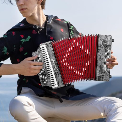Acordeon Diatonico de 31 Teclas, 12 Bajos, G/C/F, Instrumento de Acordeon para Adultos con Maleta, Pano de Limpieza, Correas y Guantes (Plata) - Imagen 2